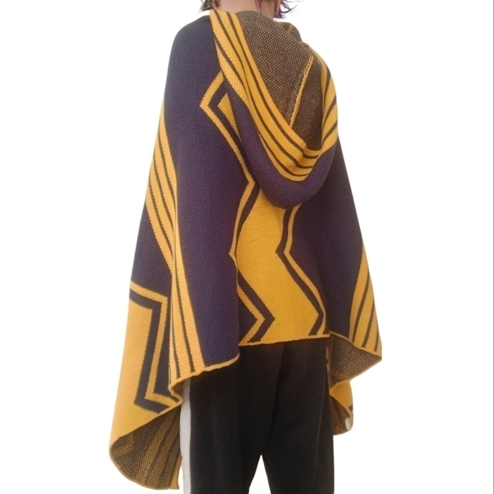 Mouvance Paris Nuuk Hooded Cape Yellow Purple Geometric Graphic Poncho One Size - Picture 5 of 5